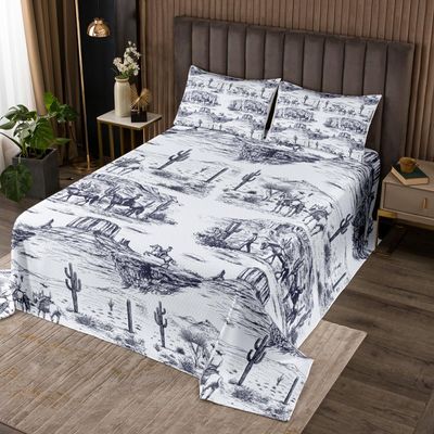 Southwest Desert Bedding Set Twin Size,Western Cowboy Bedspread for Kids Boys Men Adult Room Decor,Rustic Farmhouse Style Comforter Sets Vintage Sketch Navy White Quilt Coverlet,1 Pillowcase
