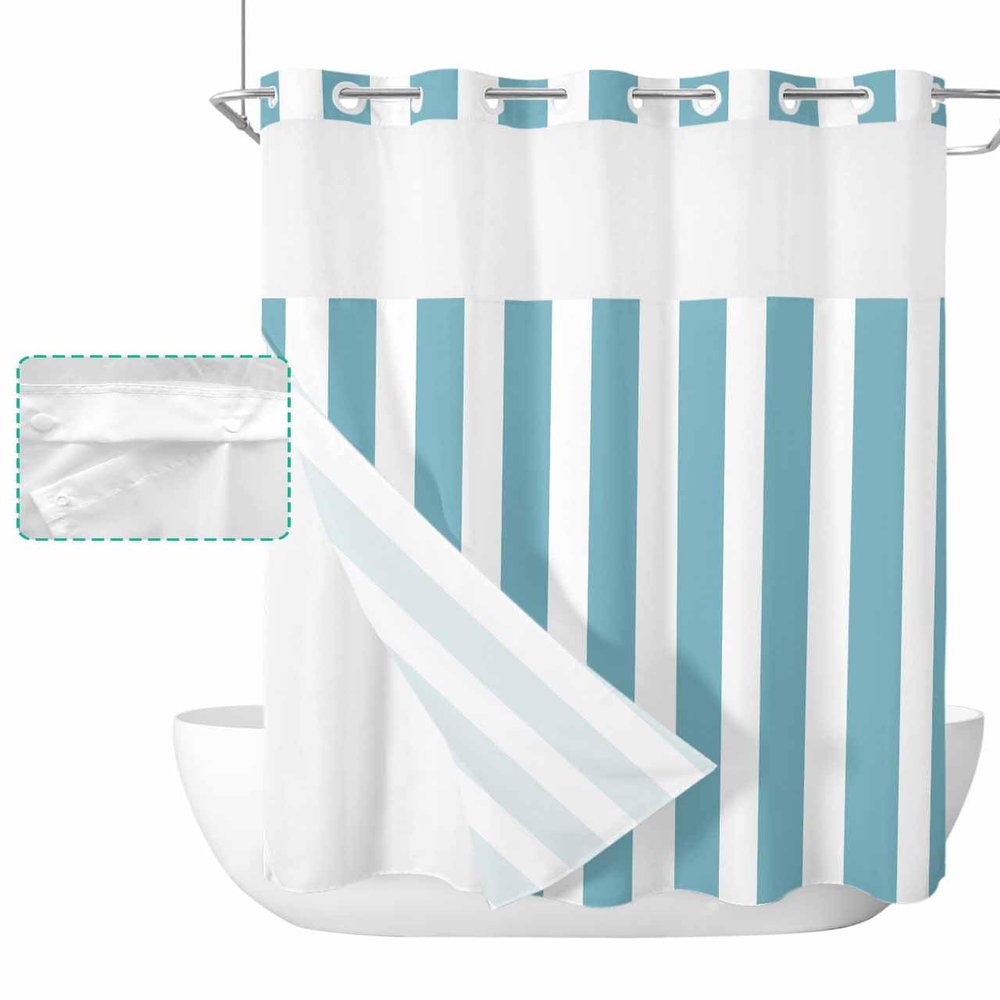 No Hook Cloth Fabric Shower Curtain with Snap in Liner, Modern Simple Waterproof Shower Curtains Set with See Through Top Window, Green Geometric Stripe Bath Curtains Shower 60"x72"