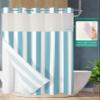 No Hook Cloth Fabric Shower Curtain with Snap in Liner, Modern Simple Waterproof Shower Curtains Set with See Through Top Window, Green Geometric Stripe Bath Curtains Shower 60"x72" view 2