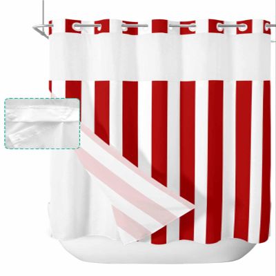 No Hook Fabric Shower Curtain with Snap in Liner, Simple Red Stripes Waterproof Shower Curtains Set with See Through Top Window, Striped Geometric Vertical Linens Modern Bath Curtains Shower 72"x72"