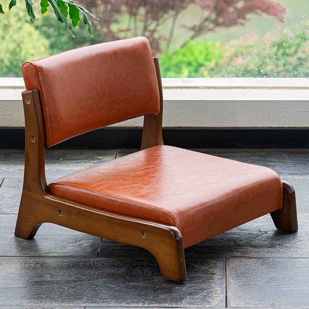 RhLLvJ Wooden Tatami Chair, Floor Chair with Upholstery, Lazy Susan, Meditation Floor Seat for Bay Window, Living Room, Bedroom(Orange Leather,Walnut)