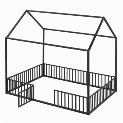 CIGEGE Minimalist Full Size Metal House Style Canopy Bed with guardrails and Door, Black