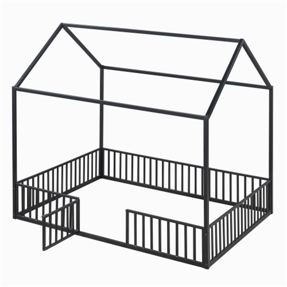 CIGEGE Minimalist Full Size Metal House Style Canopy Bed with guardrails and Door, Black