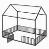 CIGEGE Minimalist Full Size Metal House Style Canopy Bed with guardrails and Door, Black view 1