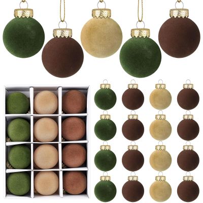 24 Pcs Velvet Christmas Balls Flocked Christmas Tree Hanging Ornaments Shatterproof Hanging Balls Decorations for Xmas Tree Family Holiday Party Home Decor (Brown, Green, Beige, 3.15 inch)