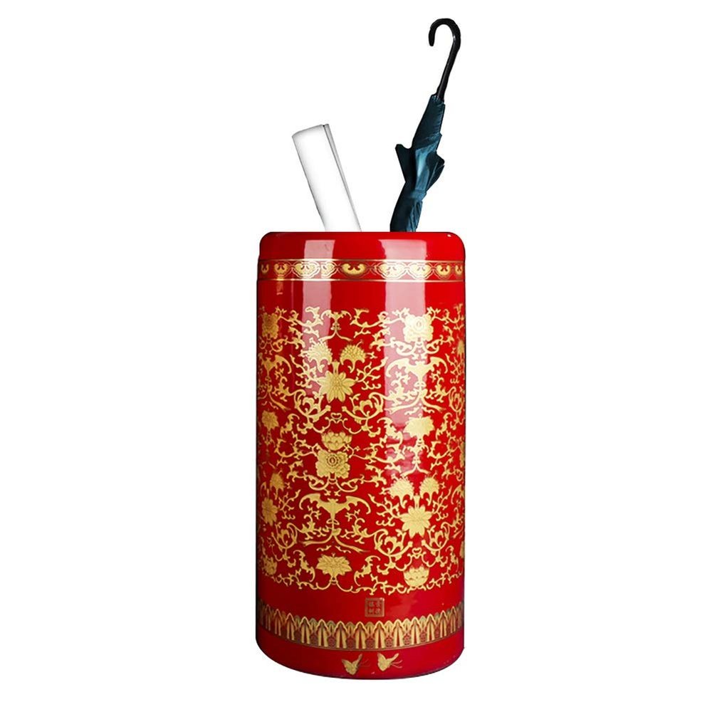 SGeneE Umbrella Rack Red Round Ceramic Umbrella Racks Stand, Retro Umbrella Holder with Pattern for Flower/Decor/Trekking Poles,Small