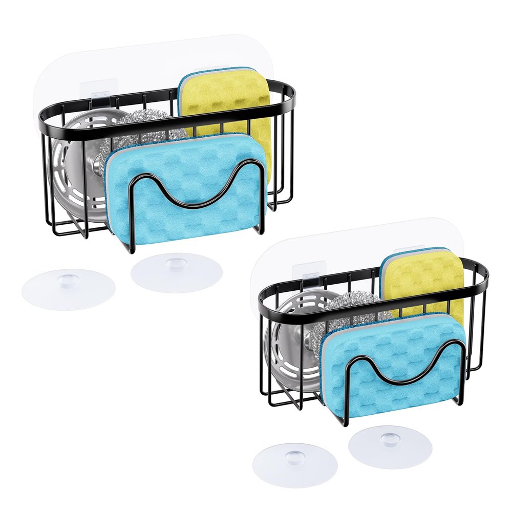 HapiRm Multifunctional Sponge Holder with Unique M-Shaped, Two Installation Methods Kitchen Sink Organizer, Rustproof Stainless Steel Sink Caddy -Black2-Pack