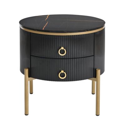 19.6'' round side table with two storage drawers, recessed nightstand with high gloss faux marble top, modern coffee table with metal legs and handles for living room, black