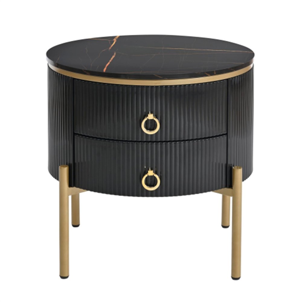 19.6'' round side table with two storage drawers, recessed nightstand with high gloss faux marble top, modern coffee table with metal legs and handles for living room, black