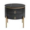 19.6'' round side table with two storage drawers, recessed nightstand with high gloss faux marble top, modern coffee table with metal legs and handles for living room, black view 1