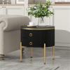 19.6'' round side table with two storage drawers, recessed nightstand with high gloss faux marble top, modern coffee table with metal legs and handles for living room, black view 2