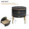 19.6'' round side table with two storage drawers, recessed nightstand with high gloss faux marble top, modern coffee table with metal legs and handles for living room, black view 3