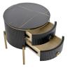 19.6'' round side table with two storage drawers, recessed nightstand with high gloss faux marble top, modern coffee table with metal legs and handles for living room, black view 4