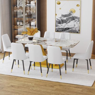 Marble Dining Table Set for 8, Kitchen Table and Chairs Set for 8, 71'' Rectangular Dining Table with 0.4" Tempered Glass Tabletop and V-Shaped Bracket&Black Base, 8 PU Leather Chairs, Dining Room.