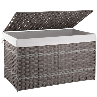 OIAHOMY Storage Basket with Lid, 42.3 Gallon (160L) Blanket Basket with Removable Liner Bag, Synthetic Wicker Hamper with Handle, Foldable, Hamper for Living Room, Grey