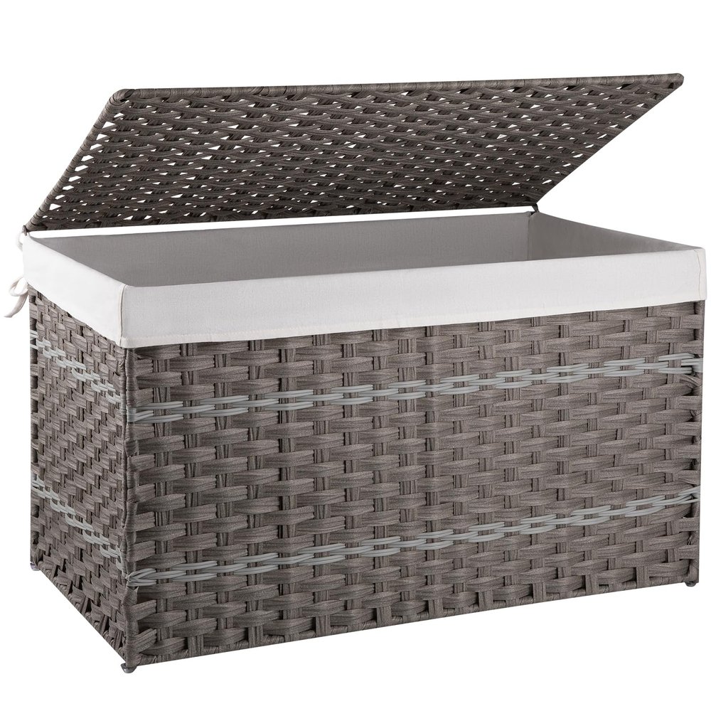 OIAHOMY Storage Basket with Lid, 42.3 Gallon (160L) Blanket Basket with Removable Liner Bag, Synthetic Wicker Hamper with Handle, Foldable, Hamper for Living Room, Grey