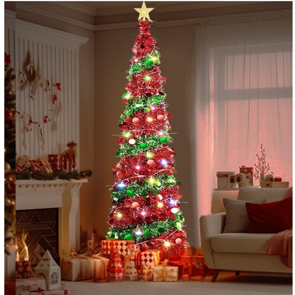 5 Ft Pop Up Christmas Tree with 50 Lights,Collapsible Christmas Tree,Artificial Pencil Christmas,Home Office Decor Indoor Dorm Room Party Holiday Xmas Decorations (Red) (Sequin Style)