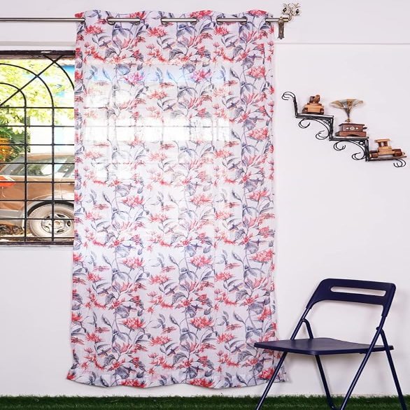 (5 ft) Cotton Printed Linen Single Curtain | Flower Design | Eyelet Window Curtain | Cotton Linen Fabric | Window Single Curtain (Red) | Vintage Print | for Home | (Pack of 1) |