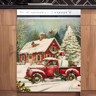 RTHDG Farm Red Truck Magnet Dishwasher Cover for Front Door Panels, Christmas Tree Magnetic Refrigerator Panel Decal, Farm Christmas Snowman Magnet Dishwasher Full Door Cover, 23" x 26" Magnetic