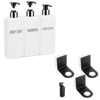 Segbeauty 3pcs 16.9oz Plastic Pump Bottles & 3pcs 1.1inch 2.8cm Drill-Free Shower Bottle Holder Stainless Shower Shampoo Holder Wall Mounted, 500ml Empty Reusable Modern Bathroom Liquid Container