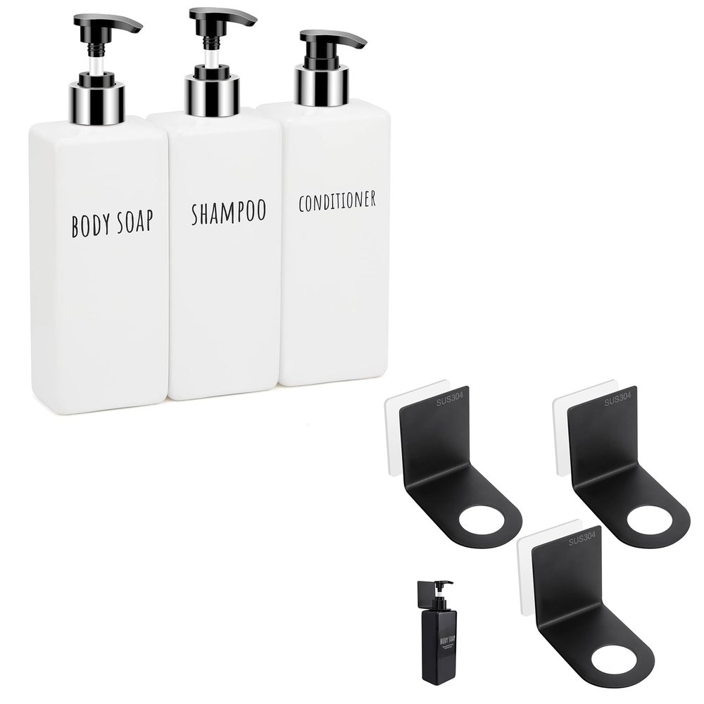 Segbeauty 3pcs 16.9oz Plastic Pump Bottles & 3pcs 1.1inch 2.8cm Drill-Free Shower Bottle Holder Stainless Shower Shampoo Holder Wall Mounted, 500ml Empty Reusable Modern Bathroom Liquid Container
