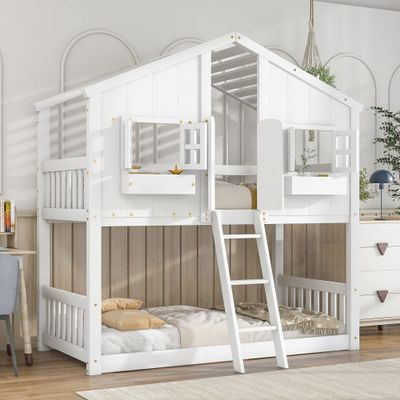 KEIKI Twin Over Twin House Bunk Bed with Roof, Window, Window Box, Door, with Safety Guardrails and Ladder,White