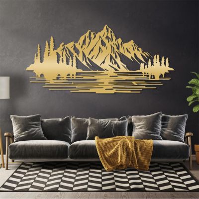 Metal Wall Art, Mountain Wall Art, Metal Mountain Wall Decor, Landscape Forest Wall Hanging, Mountain Landscape Sculpture, Large Nature Sign, Wall Decor Living Room (Gold, 27"x59"|69x150cm)