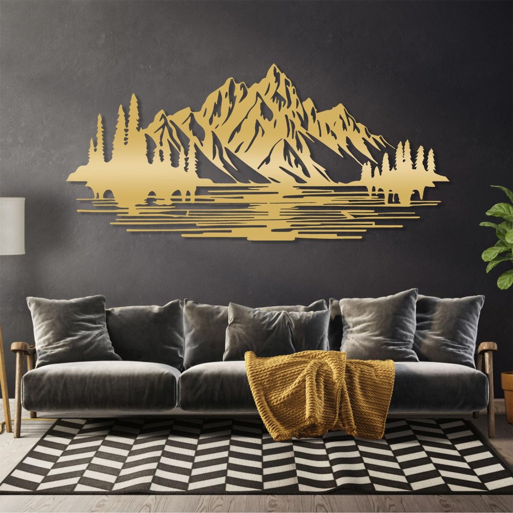 Metal Wall Art, Mountain Wall Art, Metal Mountain Wall Decor, Landscape Forest Wall Hanging, Mountain Landscape Sculpture, Large Nature Sign, Wall Decor Living Room (Gold, 27"x59"|69x150cm)