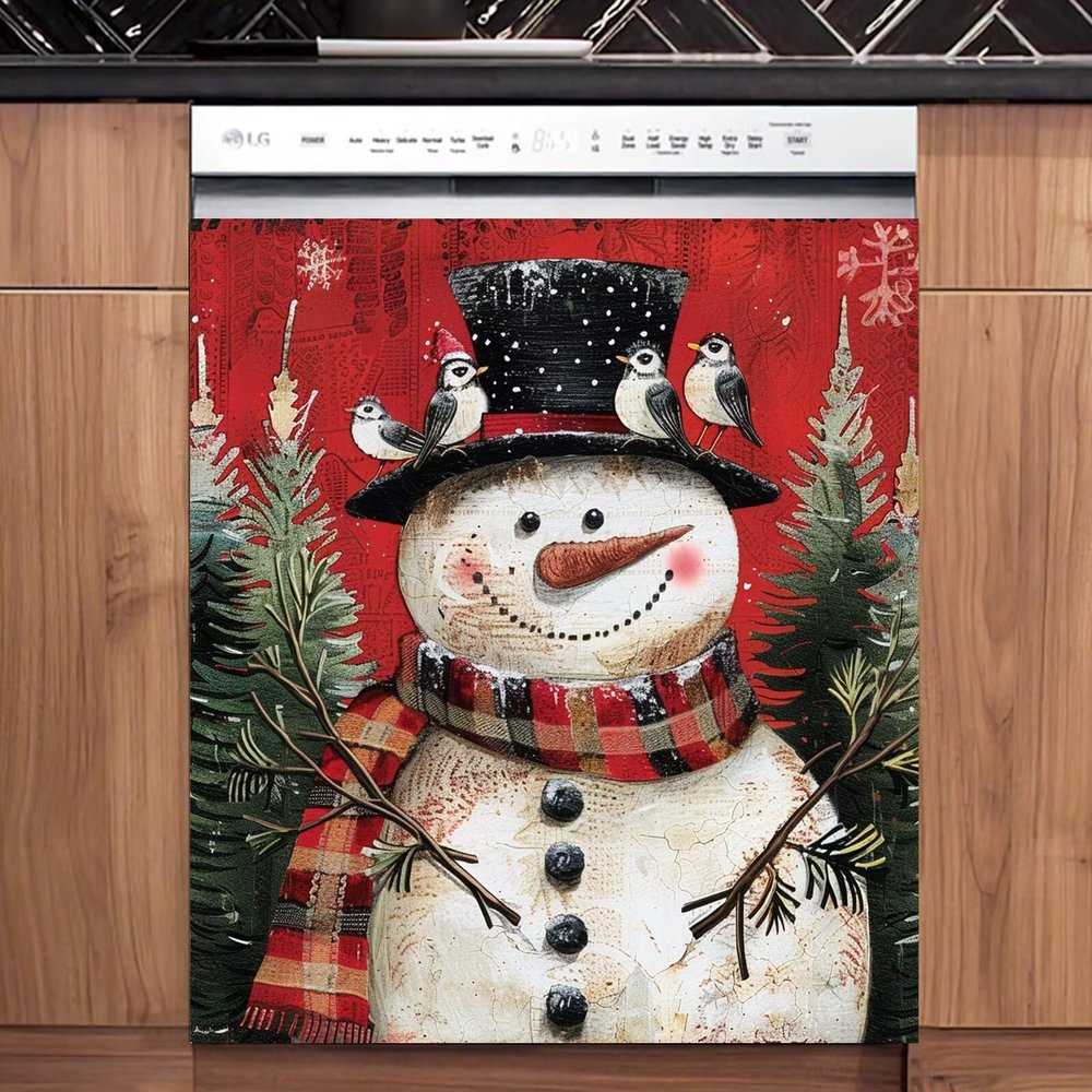 RTHDG Christmas Snowman Kitchen Dishwasher Magnet Skin Cover Decor, Christmas Tree Magnetic Refrigerator Door Panels, Merry Christmas Birds Magnet Dishwasher Refinishing Cover - 23" x 26" Magnetic
