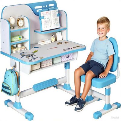 Bidbory Kids Desk and Chair Set, Height Adjustable Pink Desks for Kids, Kid Desk with Storage,Toddler Table Study Table with Bookshelf and Drawer, for Boys and Girls (Blue-a)