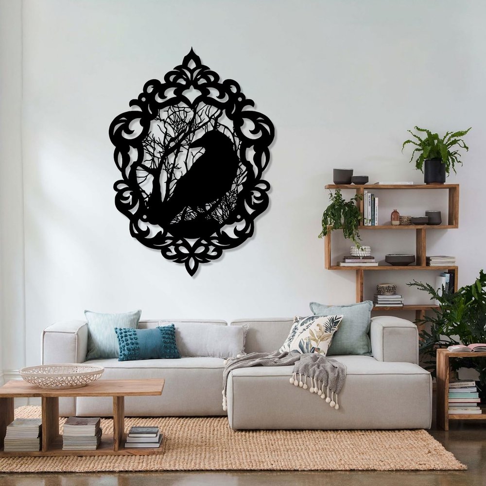 Aportif Metal Gothic Wall Art, Gothic Metal Wall Decor, Crow Decorations, Bird Art, Halloween Decorations, Living Room Decor (Black, 13x19 in | 34x47 cm)