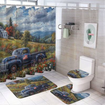 HDESDIS 4Pcs Vintage Truck Shower Curtain Set with Rugs, Toilet Lid Cover and Bath Mat, Rustic French Farmhouse Blue Flag Car Flower Bathroom Curtains Decor Shower Curtains, 72" x 72"