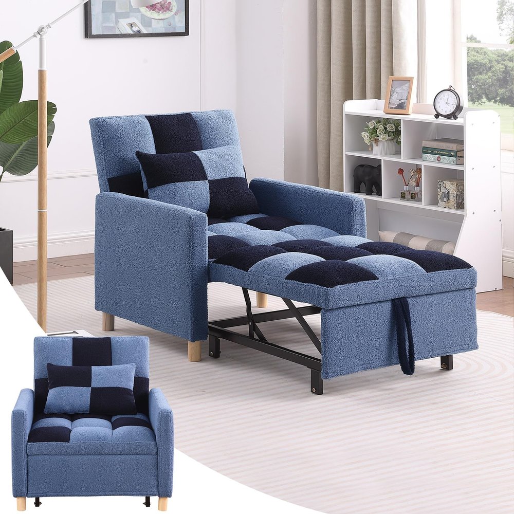 Sleeper Chair Bed - Convertible Single Sofa Chair Bed with Pillow,Pull Out Sleeper Bed with Adjustable Backrest,Multi-Functional Lounge Chair with Teddy Fabric for Apartment,Living Room (Blue)