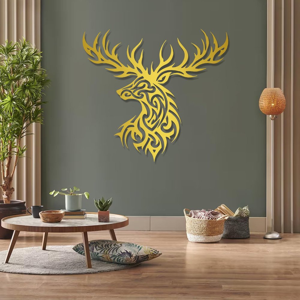 Aportif Metal Deer Head Wall Decor, Deer Head Wall Art, Metal Wildlife Art, Animal Decorations, Antler Decorations, Living Room Decor (Gold, 24"x22" | 60cmx55cm)