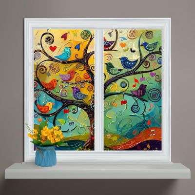 Denruny Modern Boho Tree of Life Window Film Abstract Colorful Tree Forest Wildlife Bird Decorative Window Film for Sun Shading and Heat Insulation 2 Panels 31.5" W x 55.1" L