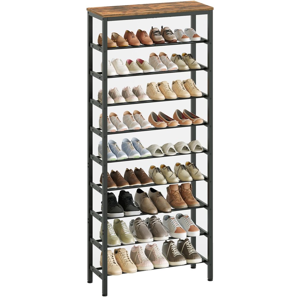 YATINEY 10 Tier Tall Shoe Rack, Large-Capacity Shoe Storage Organizer, Free Standing Shoe Shelf for Closet, Adjustable Metal Shoe Racks Organizer for 40 Pairs of Shoes, Rustic Brown and Black SS70BR