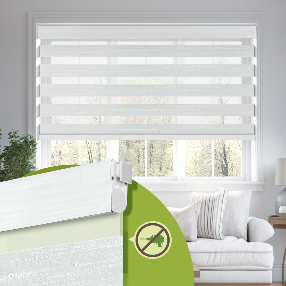 MoDanCeQ No Drill Zebra Blinds for Windows 62" W x 56" H,Silver White