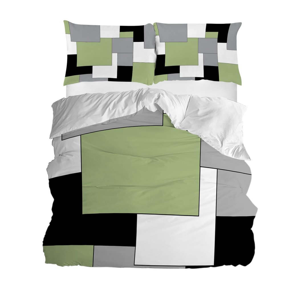 Abstract Duvet Cover Sets Square Green Black Grey White Bedding Sets 3 Pcs Soft Comforter Covet Set Including 1 Quilt Cover 2 Pillow Cases, California King Comforter Cover Set with Zipper Closure