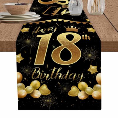 18th Birthday Linen Table Runner 13 x 90 inch Non-Slip Rectangular Dining Table Decor for Wedding Party Holiday Dinner Happy Birthday Cake Firework Ribbon Gold Black