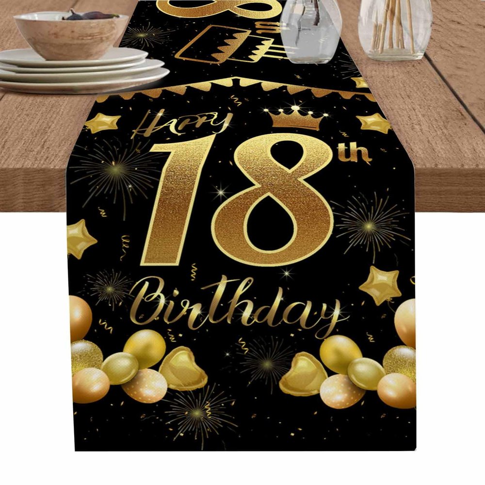 18th Birthday Linen Table Runner 13 x 90 inch Non-Slip Rectangular Dining Table Decor for Wedding Party Holiday Dinner Happy Birthday Cake Firework Ribbon Gold Black
