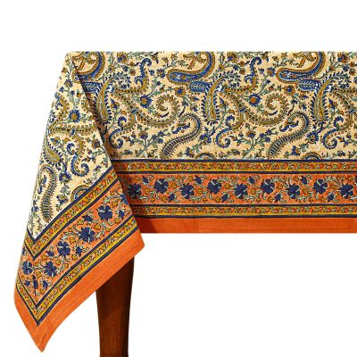60x90 Inches Rectangle Hand Block Printed Cotton Tablecloth, Peach Blue Floral Table Cloths Washable, Indian Table Linen for Valentine Thanksgiving Gifts Home Decor Dinning Outdoor