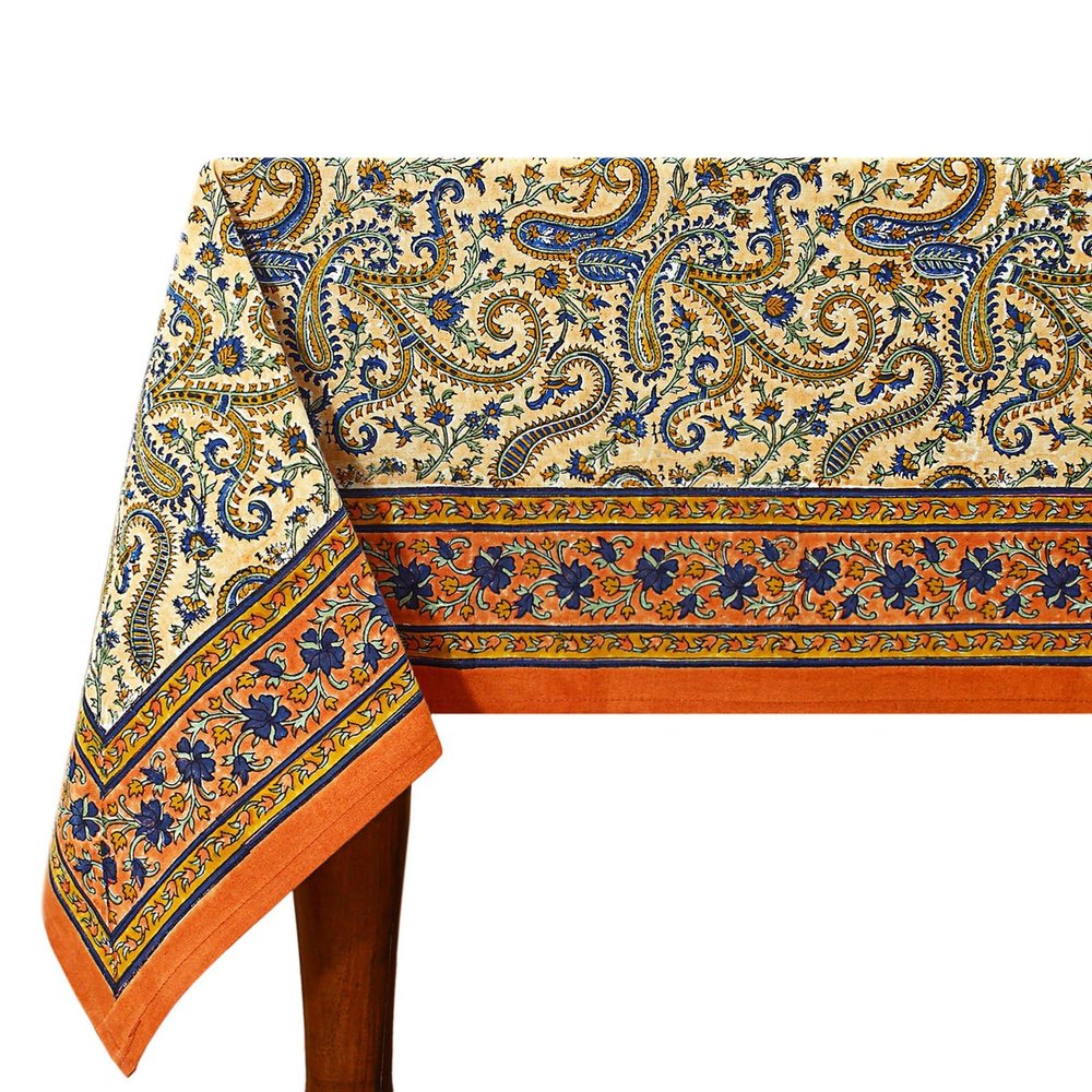 60x90 Inches Rectangle Hand Block Printed Cotton Tablecloth, Peach Blue Floral Table Cloths Washable, Indian Table Linen for Valentine Thanksgiving Gifts Home Decor Dinning Outdoor