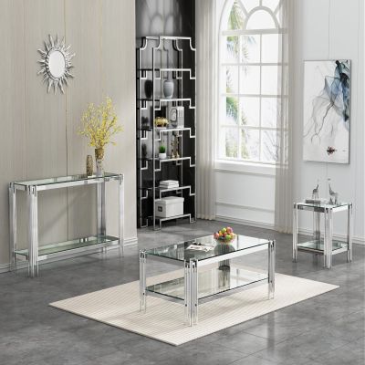 3-Piece Living Room Table Set, Modern Glass Coffee Console Table and End Tables Set for Apartment, Luxury Coffee Table Sets Perfect for Living Room, Stainless Steel Frame