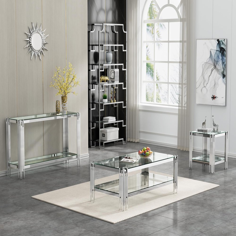 3-Piece Living Room Table Set, Modern Glass Coffee Console Table and End Tables Set for Apartment, Luxury Coffee Table Sets Perfect for Living Room, Stainless Steel Frame