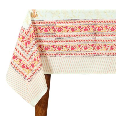 60x90 Inches Rectangle Hand Block Printed Cotton Tablecloth, Yellow Pink Floral Table Cloths Washable, Indian Table Linen for Valentine Thanksgiving Gifts Home Decor Dinning Outdoor