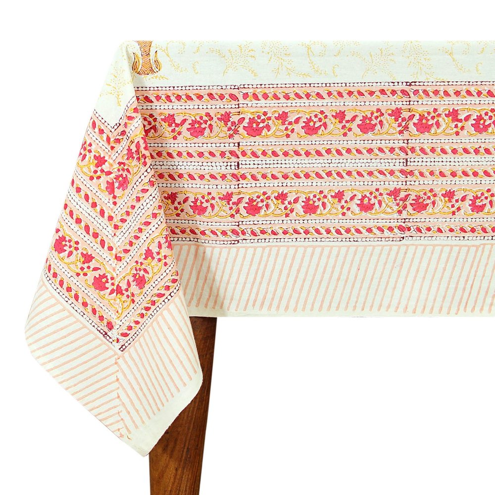 60x90 Inches Rectangle Hand Block Printed Cotton Tablecloth, Yellow Pink Floral Table Cloths Washable, Indian Table Linen for Valentine Thanksgiving Gifts Home Decor Dinning Outdoor