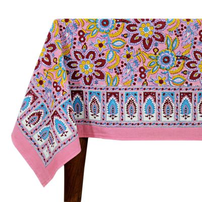 72x108 Inches Rectangle Hand Block Printed Cotton Tablecloth, Pink Red Floral Table Cloths Washable, Indian Table Linen for Valentine Thanksgiving Gifts Home Decor Dinning Outdoor
