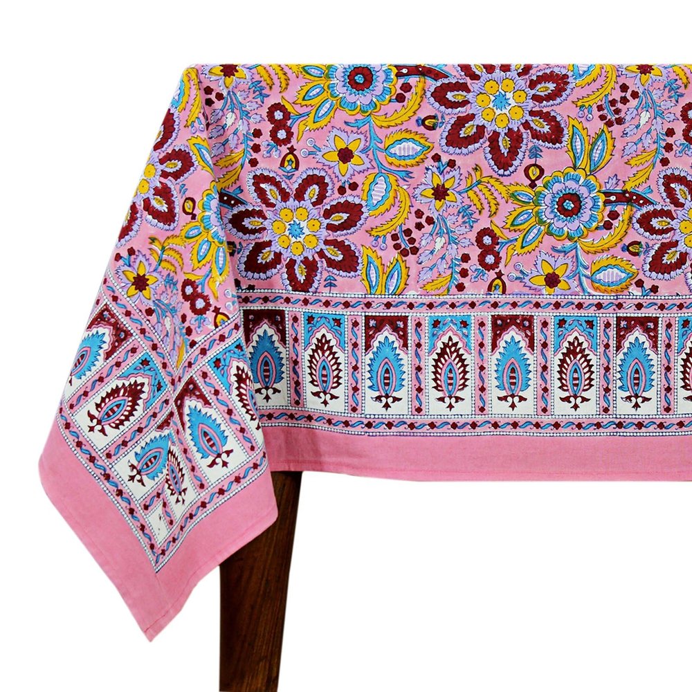 72x108 Inches Rectangle Hand Block Printed Cotton Tablecloth, Pink Red Floral Table Cloths Washable, Indian Table Linen for Valentine Thanksgiving Gifts Home Decor Dinning Outdoor