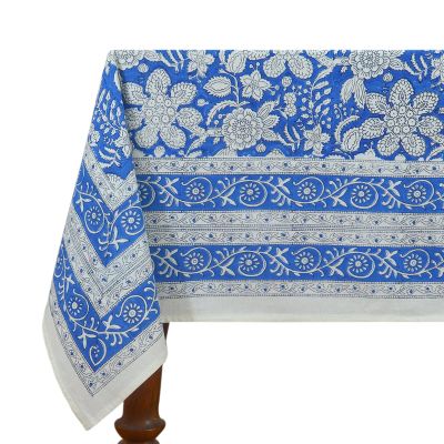 80x120 Inches Rectangle Hand Block Printed Cotton Tablecloth, White Blue Floral Table Cloths Washable, Indian Table Linen for Valentine Thanksgiving Gifts Home Decor Dinning Outdoor