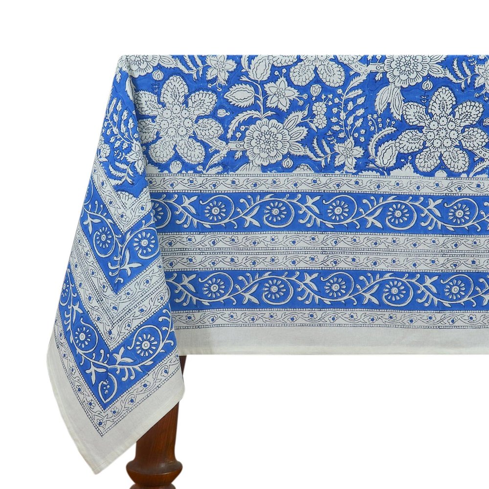 80x120 Inches Rectangle Hand Block Printed Cotton Tablecloth, White Blue Floral Table Cloths Washable, Indian Table Linen for Valentine Thanksgiving Gifts Home Decor Dinning Outdoor